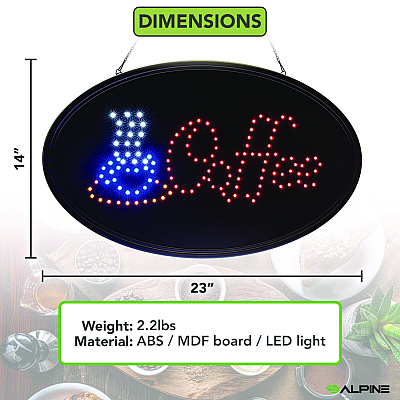 Alpine LED Oval Coffee Sign, 23 x 14, Black Frame, Blue/Red Graphics (ALHALP49705)