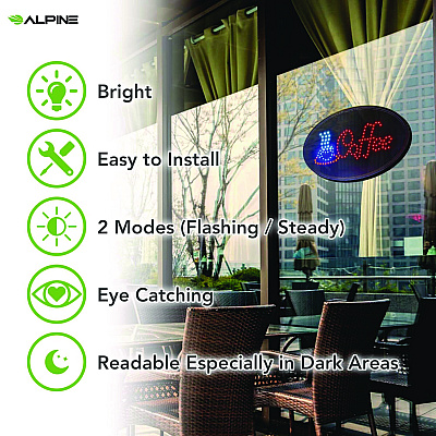Alpine LED Oval Coffee Sign, 23 x 14, Black Frame, Blue/Red Graphics (ALHALP49705)