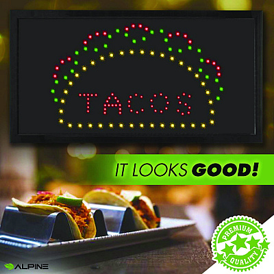 Alpine LED Rectangular TACO Sign, 19 x 10, Black Frame, Green/Red/Yellow Graphics (ALHALP49711)