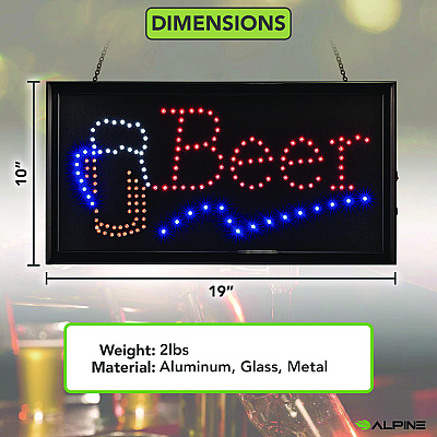 Alpine LED Rectangular Beer Sign, 19 x 10, Black Frame, Blue/Green/Orange/Red/White Graphics (ALHALP49714)
