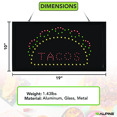 Alpine LED Rectangular TACO Sign, 19 x 10, Black Frame, Green/Red/Yellow Graphics (ALHALP49711)