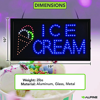 Alpine LED Rectangular Ice Cream Sign, 19 x 10, Black Frame, Blue/Green/Orange/Red/White Graphics (ALHALP49713)