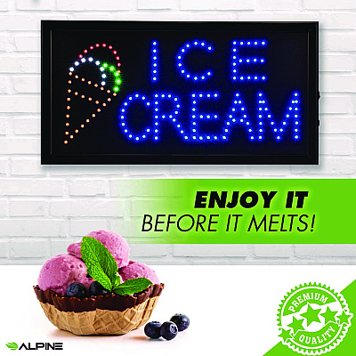 Alpine LED Rectangular Ice Cream Sign, 19 x 10, Black Frame, Blue/Green/Orange/Red/White Graphics (ALHALP49713)