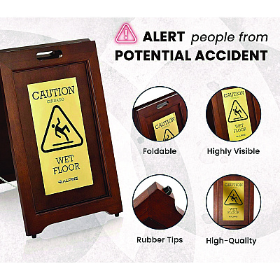 Alpine 2-Sided Plated Wooden A-Frame Bilingual Wet Floor Sign, 15 x 2 x 24, Brass (ALHALP499BRA)