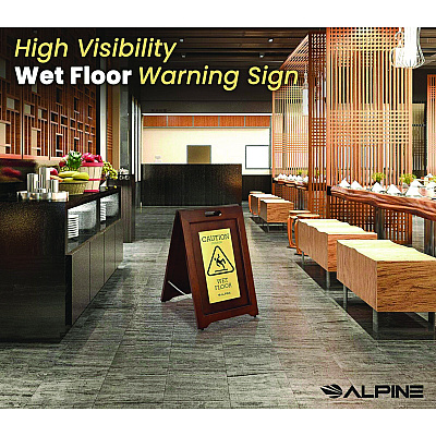 Alpine 2-Sided Plated Wooden A-Frame Bilingual Wet Floor Sign, 15 x 2 x 24, Brass (ALHALP499BRA)