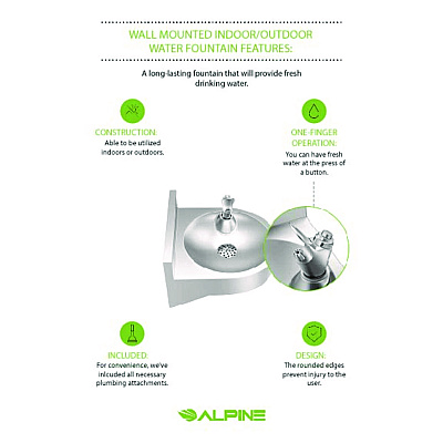 Alpine Wall-Mounted Indoor/Outdoor Water Fountain, Single-Level, Non-Filtered, Non-Refrigerated, Silver (ALHALP70001)