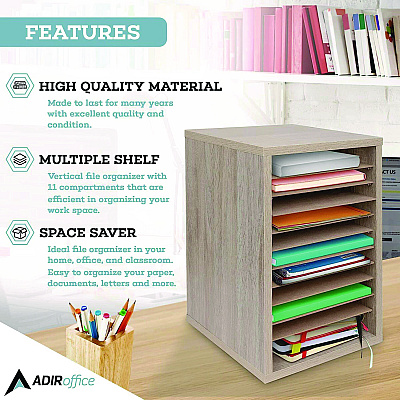AdirOffice 11 Compartment Wood Mail Paper Sorter Literature Organizer, 11 Sections, Letter Size, 10.75 x 11.75 x 16.2, Medium Oak (ALHI50011MEO)