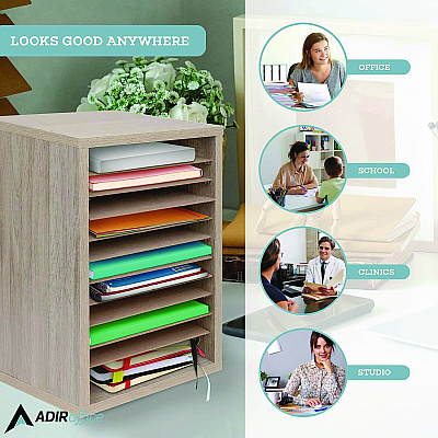 AdirOffice 11 Compartment Wood Mail Paper Sorter Literature Organizer, 11 Sections, Letter Size, 10.75 x 11.75 x 16.2, Medium Oak (ALHI50011MEO)