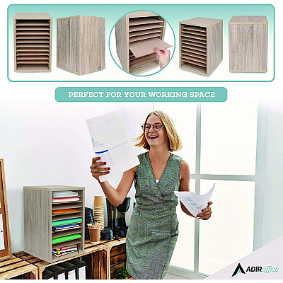 AdirOffice 11 Compartment Wood Mail Paper Sorter Literature Organizer, 11 Sections, Letter Size, 10.75 x 11.75 x 16.2, Medium Oak (ALHI50011MEO)