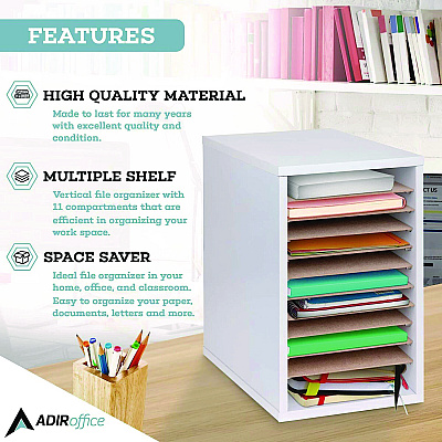 AdirOffice 11 Compartment Wood Mail Paper Sorter Literature Organizer, 11 Sections, Letter Size, 10.75 x 11.75 x 16.2, White (ALHI50011WHI)