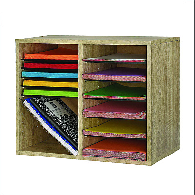 AdirOffice Wood Adjustable 12 Compartment Literature Organizer, 12 Sections, Letter Size, 20 x 11.8 x 16.3, Medium Oak (ALHI50012MEO)