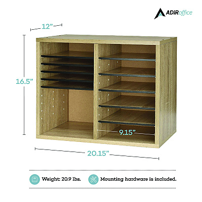 AdirOffice Wood Adjustable 12 Compartment Literature Organizer, 12 Sections, Letter Size, 20 x 11.8 x 16.3, Medium Oak (ALHI50012MEO)