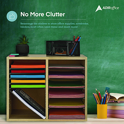 AdirOffice Wood Adjustable 12 Compartment Literature Organizer, 12 Sections, Letter Size, 20 x 11.8 x 16.3, Medium Oak (ALHI50012MEO)