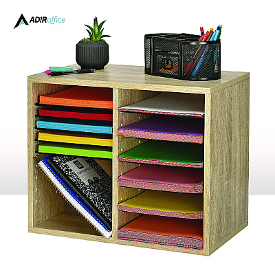AdirOffice Wood Adjustable 12 Compartment Literature Organizer, 12 Sections, Letter Size, 20 x 11.8 x 16.3, Medium Oak (ALHI50012MEO)