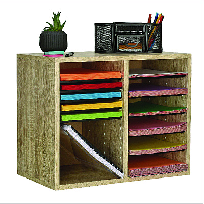 AdirOffice Wood Adjustable 12 Compartment Literature Organizer, 12 Sections, Letter Size, 20 x 11.8 x 16.3, Medium Oak (ALHI50012MEO)