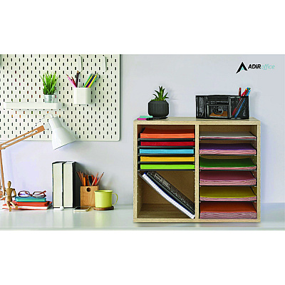 AdirOffice Wood Adjustable 12 Compartment Literature Organizer, 12 Sections, Letter Size, 20 x 11.8 x 16.3, Medium Oak (ALHI50012MEO)