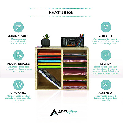 AdirOffice Wood Adjustable 12 Compartment Literature Organizer, 12 Sections, Letter Size, 20 x 11.8 x 16.3, Medium Oak (ALHI50012MEO)