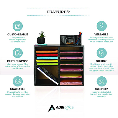 AdirOffice Wood Adjustable 12 Compartment Literature Organizer, 12 Sections, Letter Size, 20 x 11.8 x 16.3, Black (ALHI50012BLK)