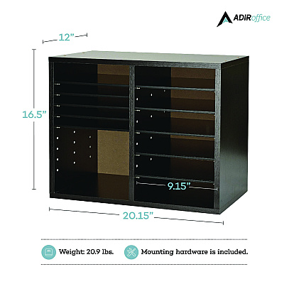 AdirOffice Wood Adjustable 12 Compartment Literature Organizer, 12 Sections, Letter Size, 20 x 11.8 x 16.3, Black (ALHI50012BLK)