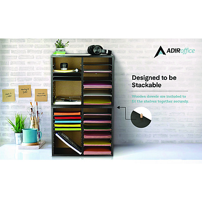 AdirOffice Wood Adjustable 12 Compartment Literature Organizer, 12 Sections, Letter Size, 20 x 11.8 x 16.3, Black (ALHI50012BLK)
