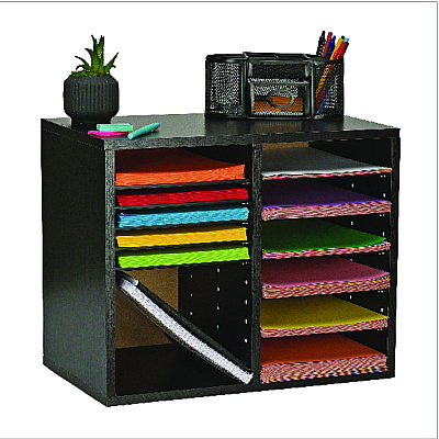 AdirOffice Wood Adjustable 12 Compartment Literature Organizer, 12 Sections, Letter Size, 20 x 11.8 x 16.3, Black (ALHI50012BLK)