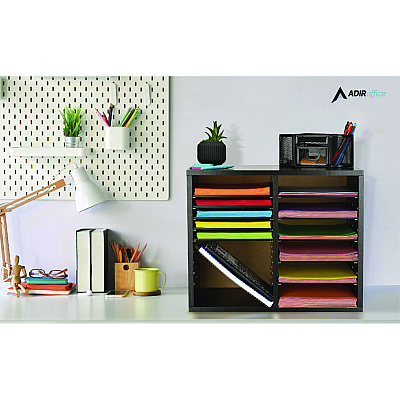 AdirOffice Wood Adjustable 12 Compartment Literature Organizer, 12 Sections, Letter Size, 20 x 11.8 x 16.3, Black (ALHI50012BLK)