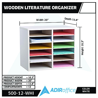 AdirOffice Wood Adjustable 12 Compartment Literature Organizer, 12 Sections, Letter Size, 20 x 11.8 x 16.3, White (ALHI50012WHI)