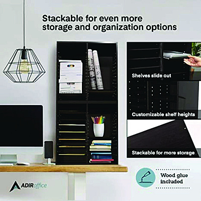 AdirOffice Wood Adjustable 16 Compartment Literature Organizer, 16 Sections, Letter Size, 20 x 11.8 x 21.4, Black (ALHI50016BLK)