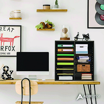 AdirOffice Wood Adjustable 16 Compartment Literature Organizer, 16 Sections, Letter Size, 20 x 11.8 x 21.4, Black (ALHI50016BLK)