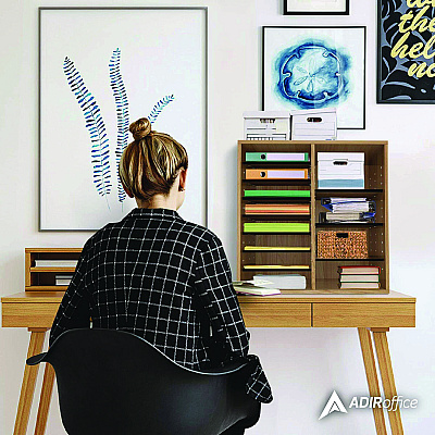 AdirOffice Wood Adjustable 16 Compartment Literature Organizer, 16 Sections, Letter Size, 20 x 11.8 x 21.4, Medium Oak (ALHI50016MEO)