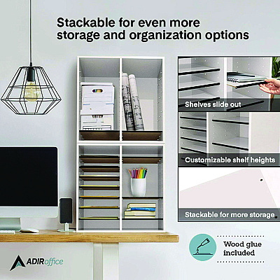 AdirOffice Wood Adjustable 16 Compartment Literature Organizer, 16 Sections, Letter Size, 20 x 11.8 x 21.4, White (ALHI50016WHI)