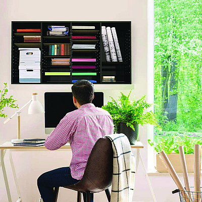 AdirOffice Wood Adjustable 36 Compartment Literature Organizer, 36 Sections, Letter Size, 39.3 x 11.8 x 23.9, Black (ALHI50036BLK)