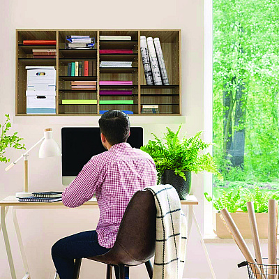 AdirOffice Wood Adjustable 36 Compartment Literature Organizer, 36 Sections, Letter Size, 39.3 x 11.8 x 23.9, Medium Oak (ALHI50036MEO)