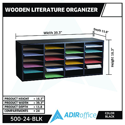 AdirOffice Wood Adjustable 24 Compartment Literature Organizer, 24 Sections, Letter Size, 39.3 x 11.8 x 16.3, Black (ALHI50024BLK)
