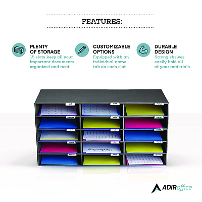 AdirOffice File Classroom Literature Organizer, 15 Sections, Letter Size, 32 x 13 x 17, Black (ALHI50115BLK)