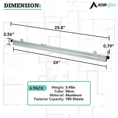 AdirOffice Blueprint Large File Document Hanging Clamps, 24" Wide Documents, 24", Silver, 6 Clamps (ALHI6026)