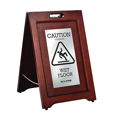 Alpine 2-Sided Plated Wooden A-Frame Bilingual Wet Floor Sign, 15 x 2 x 24, Stainless Steel (ALHALP499SSB)