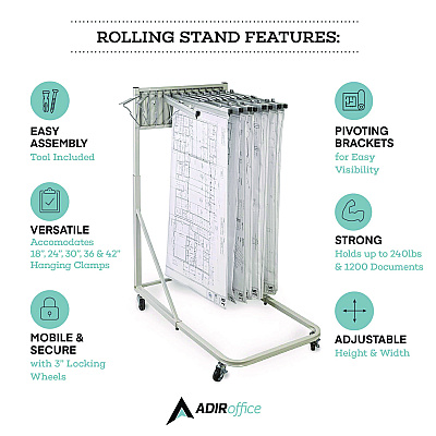 AdirOffice Blueprint Storage Cabinet Rolling Stand, Assorted Document Sizes Accommodated, 27" x 28.5" to 46.5" x 46" to 66", Gray (ALHI613)