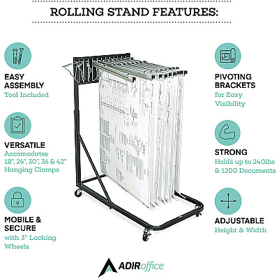 AdirOffice Blueprint Storage Cabinet Rolling Stand, Assorted Document Sizes Accomodated, 27" x 28.5" to 46.5" x 46" to 66", Black (ALHI613BLK)