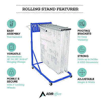 AdirOffice Blueprint Storage Cabinet Rolling Stand, Assorted Document Sizes Accomodated, 27" x 28.5" to 46.5" x 46" to 66", Blue (ALHI613BLU)