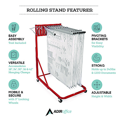 AdirOffice Blueprint Storage Cabinet Rolling Stand, Assorted Document Sizes Accomodated, 27" x 28.5" to 46.5" x 46" to 66", Red (ALHI613RED)