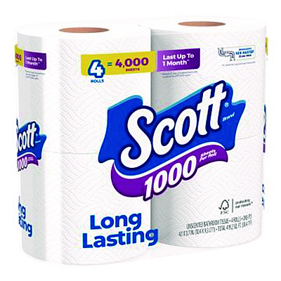 Scott 1000 Bathroom Tissue, Septic Safe, 1-Ply, White, 1,000 Sheets/Roll, 4 Rolls/Pack, 12 Packs/Carton (KCC10183)
