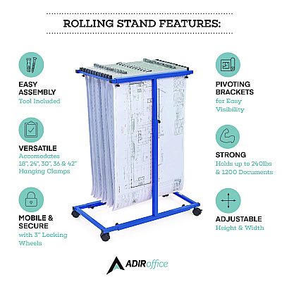 AdirOffice Blueprint Storage Cabinet Steel Vertical Plan Center, Assorted Document Sizes, 15" x 27" to 47.25" x 32.5" to 57", Blue (ALHI614BLU)