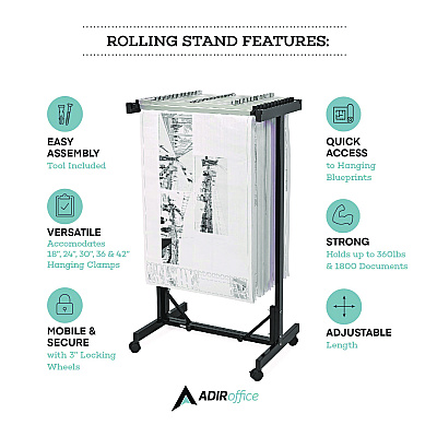 AdirOffice Expandable Blueprint Storage Cabinet Mobile Plan Center, Assorted Document Sizes, 20.5" x 28" to 46.5" x 50.75", Black (ALHI615BLK)