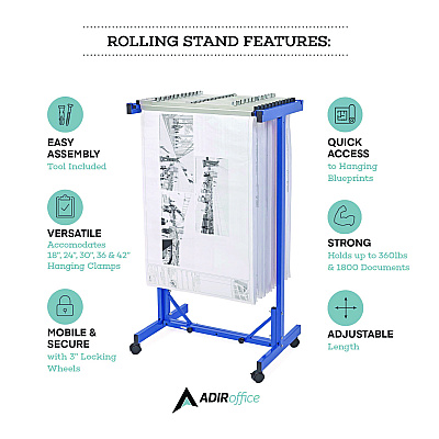 AdirOffice Expandable Blueprint Storage Cabinet Mobile Plan Center, Assorted Document Sizes, 20.5" x 28" to 46.5" x 50.75", Blue (ALHI615BLU)