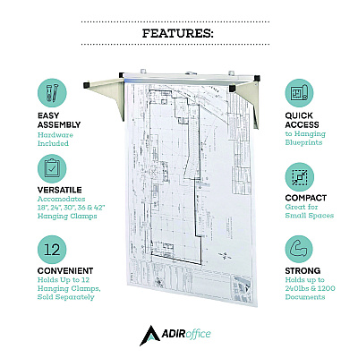 AdirOffice Drop Lift Blueprint Storage Wall Rack, Assorted Document Sizes Accommodated, 7.9" x 1.2" x 7.1", Gray (ALHI616)