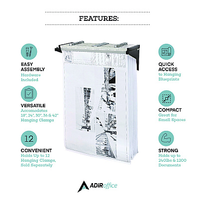 AdirOffice Drop Lift Blueprint Storage Wall Rack, Assorted Document Sizes Accommodated, 7.9" x 1.2" x 7.1", Black (ALHI616BLK)
