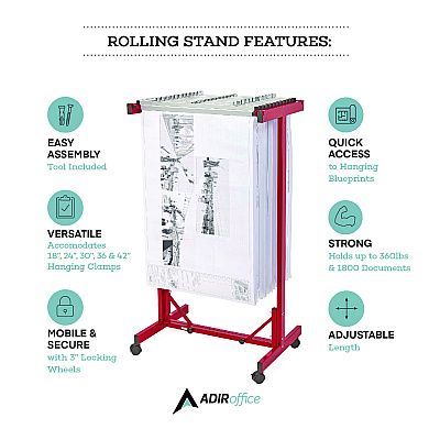 AdirOffice Expandable Blueprint Storage Cabinet Mobile Plan Center, Assorted Document Sizes, 20.5" x 28" to 46.5" x 50.75", Red (ALHI615RED)