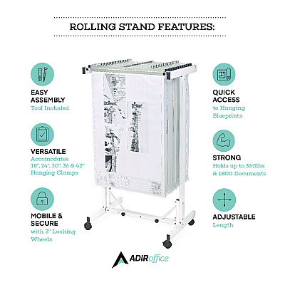 AdirOffice Expandable Blueprint Storage Cabinet Mobile Plan Center, Assorted Document Sizes, 20.5" x 28" to 46.5" x 50.75", White (ALHI615WHI)
