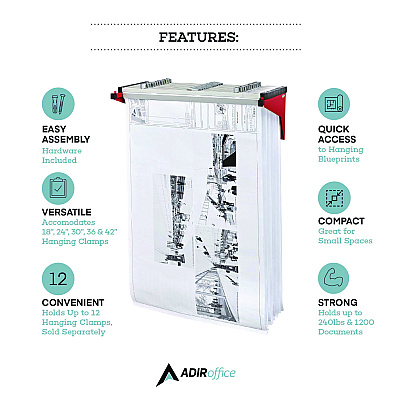 AdirOffice Drop Lift Blueprint Storage Wall Rack, Assorted Document Sizes Accommodated, 7.9" x 1.2" x 7.1", Red (ALHI616RED)
